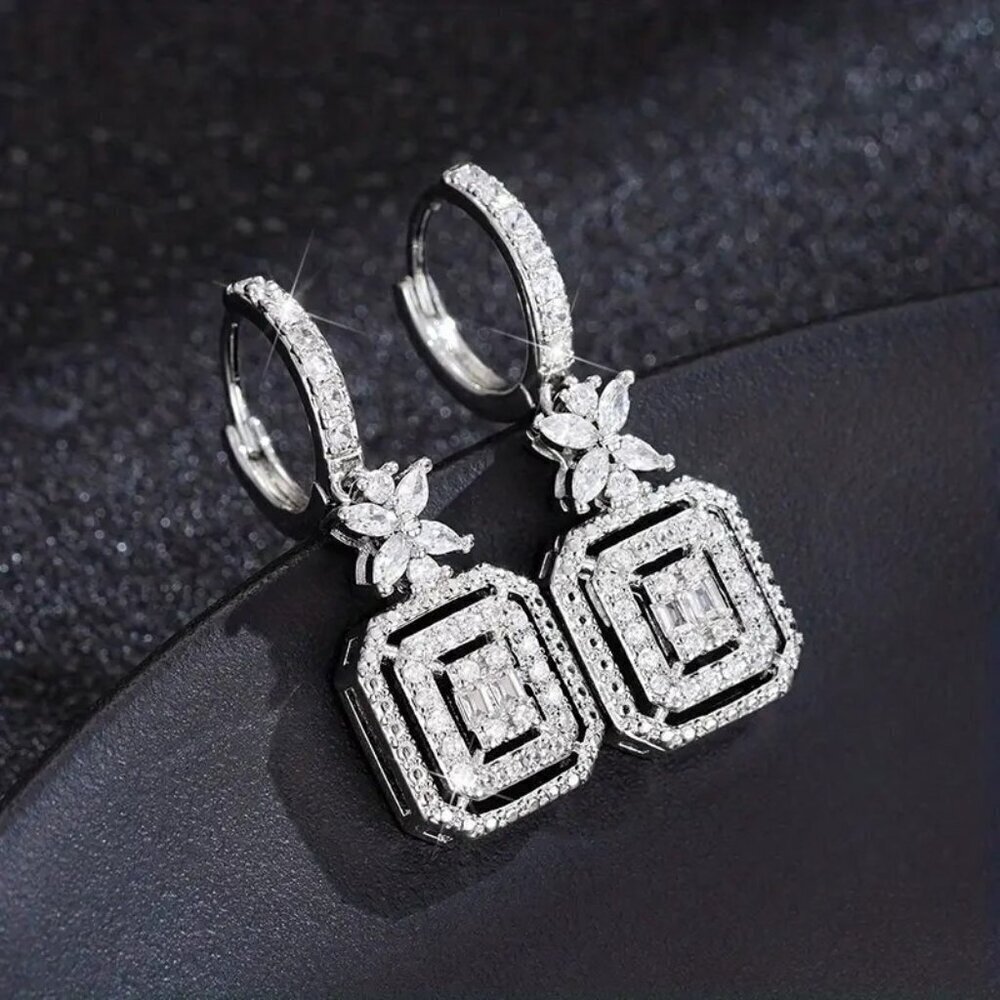 Flower Shape Hook Earrings Shiny Zircon Elegant Drop Earrings